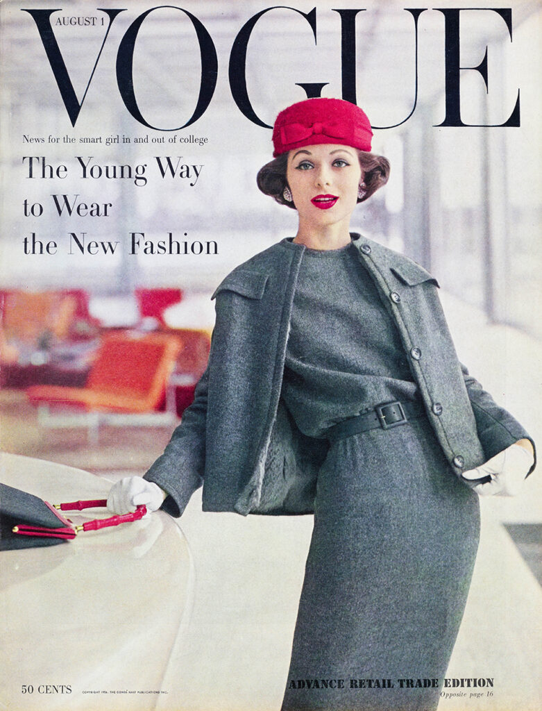 Cover of Vogue, August 1956 issue, featuring the model Margo Moore.