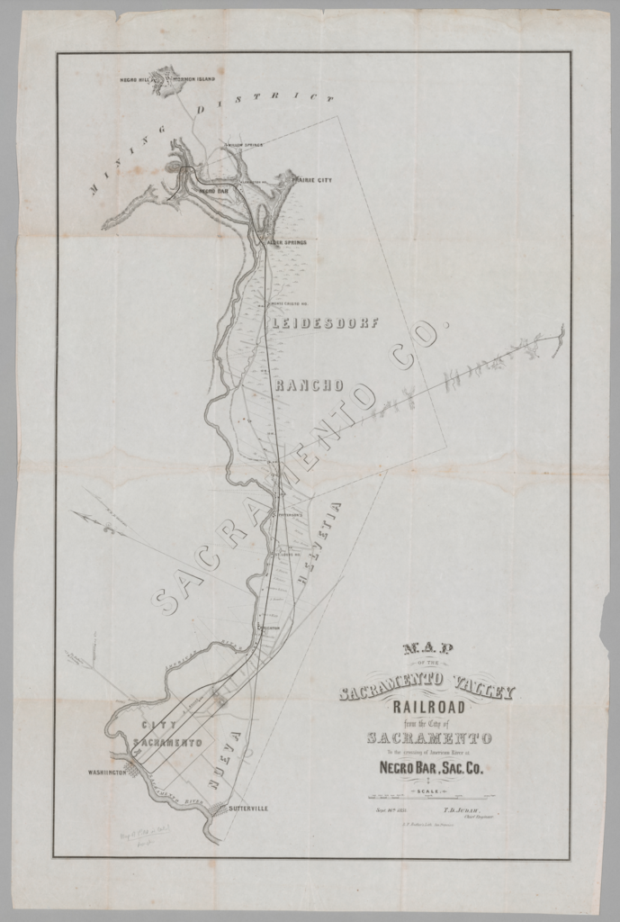 Theodore D. Judah, Map of the Sacramento Valley Railroad from the City of Sacramento to the Crossing of the American River at Negro Bar, Sac. Co., September 16, 1854.