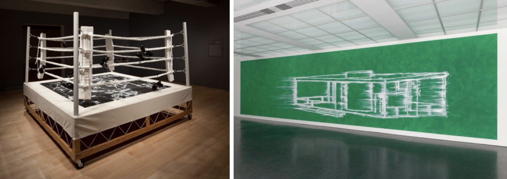 Left: Gary Simmons. Step into the Arena (The Essentialist Trap), 1994. Wood, metal, canvas, Ultrasuede, pigment, ropes, and shoes. 85 × 120 × 120 in. Whitney Museum of American Art, New York; gift of the Peter Norton Family Foundation, 95.83a-g. © Gary Simmons. Photo: Sheldan C. Collins. Right: Gary Simmons. In the Blink of an Eye, 2006. Pigment and oil on panel. 120 × 480 in. Planned acquisition, Museum of Contemporary Art Chicago. © Gary Simmons. Installation view: Gary Simmons: Public Enemy, MCA Chicago, June 13 – October 1, 2023. Photo: Shelby Ragsdale, © MCA Chicago.