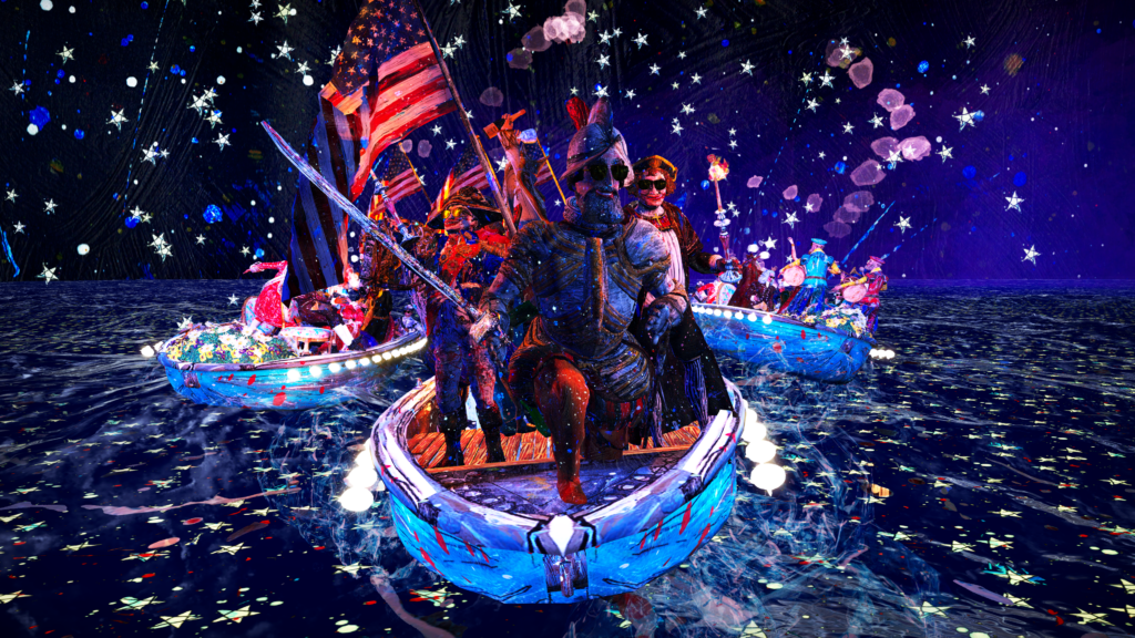 Un grupo de personas parecidas a marionetas en barcos con banderas estadounidenses bajo un cielo estrellado y psicodélico