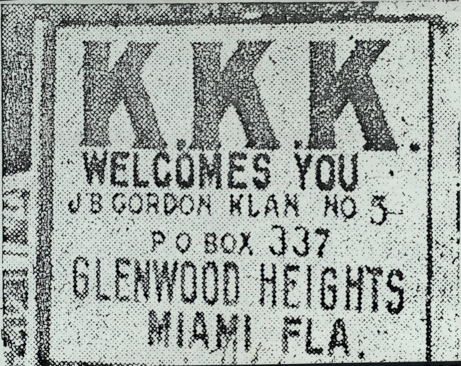 Ku Klux Klan welcome sign, Miami, Florida, from the 1940s