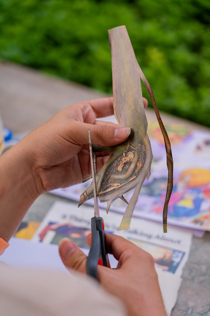 Manos de cerca sosteniendo un par de tijeras y cortando un trozo de revista