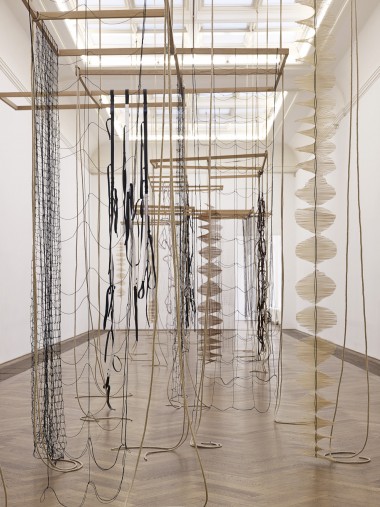 Various objects suspended from the ceiling in a room