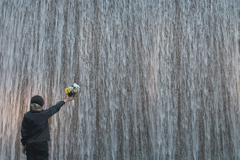 Una persona sosteniendo un ramo de flores frente a una cascada.